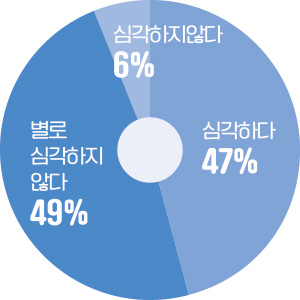 별로 심각하지 않다 49%, 심각하다 47%, 심각하지 않다 6%
